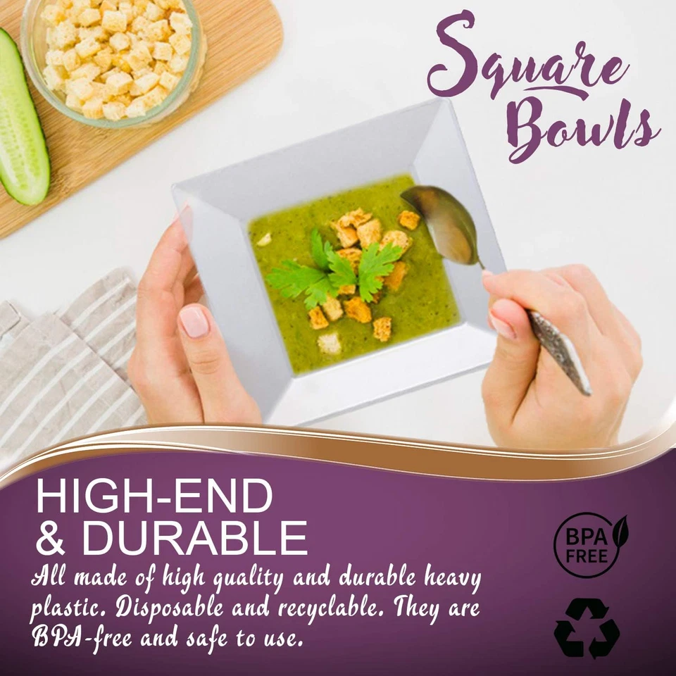 Elegant Disposable Plastic Bowls 120 Pcs - 12 Oz Heavy Duty Fancy Square Clear S - Image 3 of 4