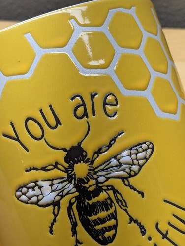 Bee You Are Bee-utiful Coffee Mug Embossed Honey Comb Glazed Ceramic Yellow (Ah - Picture 6 of 7