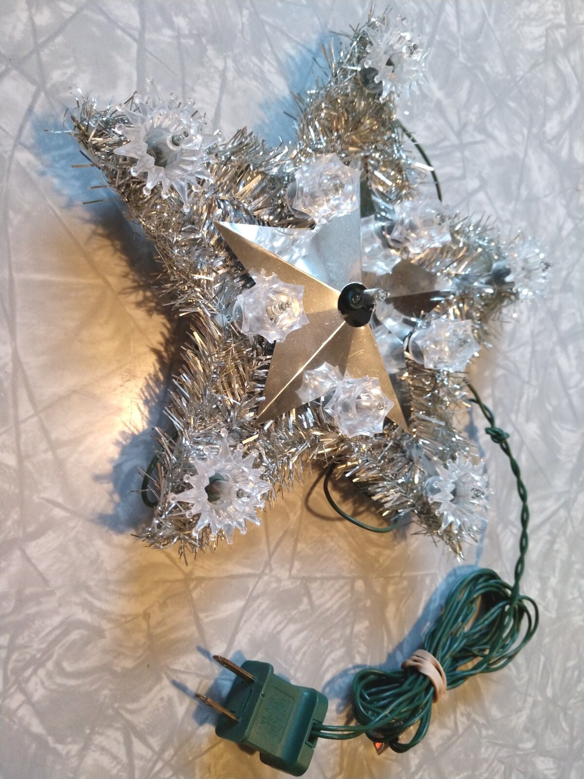 Vintage Silver Garland Light Up Star Christmas Tree Topper White Lights