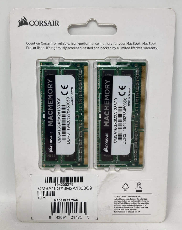 16GB (2x8GB) Corsair Mac Memory DDR3 1333 SoDIMMs PC3-10600S CMSA16GX3M2A1333C9 - Image 2 of 4