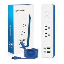 7-in-1 Wireless Fast Charge 10ft Power Strip w/ USB C, 2 USB-C Port, 2 AC Outlet