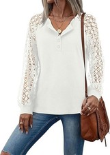 Women's Long Sleeve V-Neck Lace Blouse Soft Stretch Casual Top - White UK 12-14