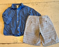 Vintage Boy's JANIE  JACK Size 3-4 Blue Linen Shirt  Striped Shorts Set