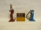 Dinky Toys cast metal Petrol Pumps #44c and #44d; Oil Bin #49e 1940s VERY NICE