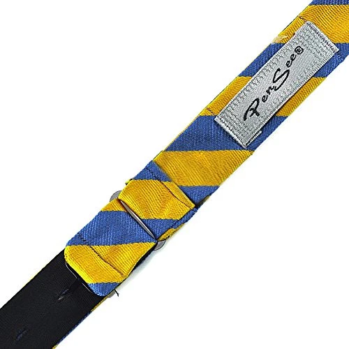  Mens Self Bow Tie Classic Stripe Woven Silk Golden Yellow & Blue Stripes - Image 4 of 4