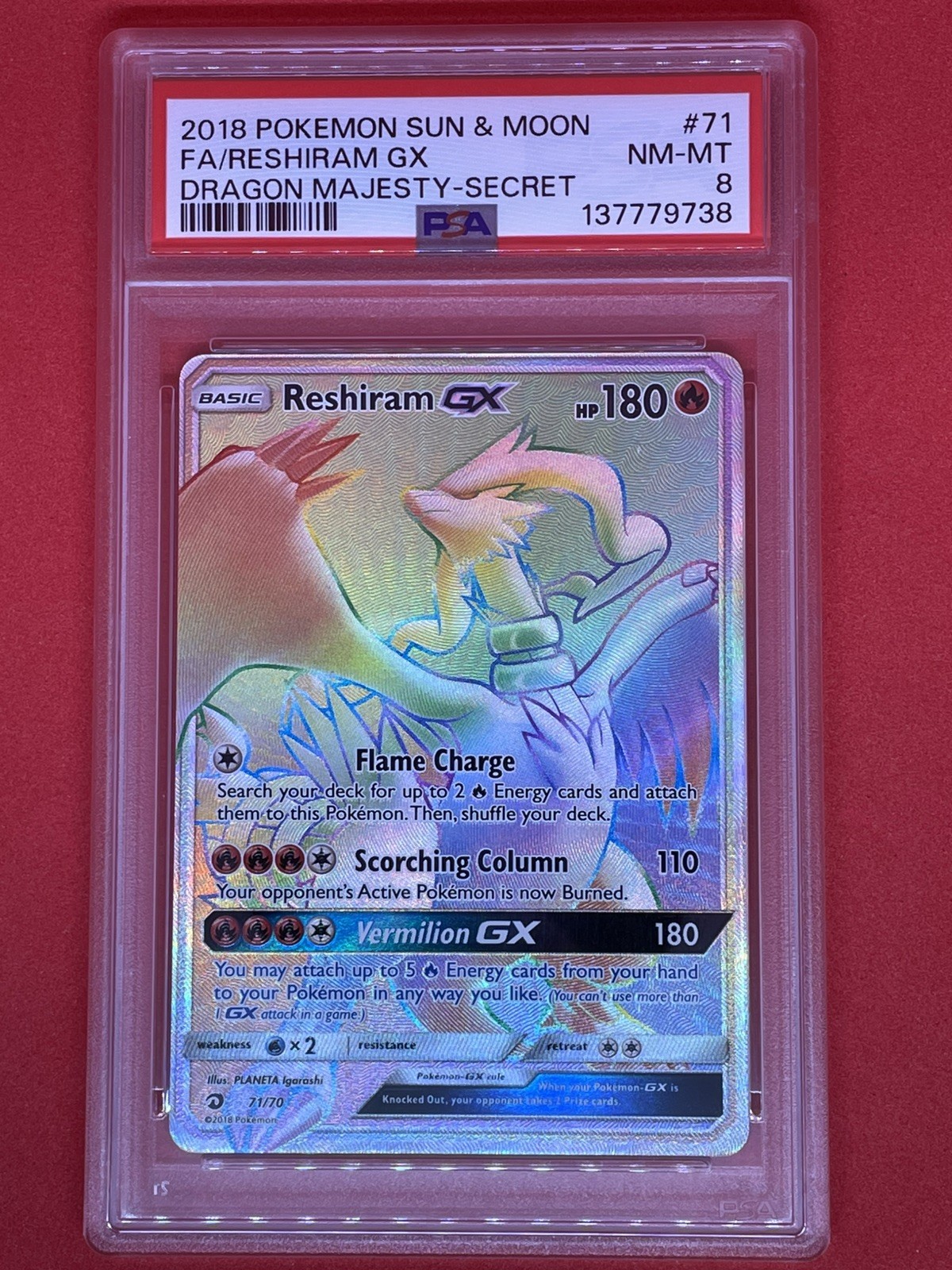 2018 POKEMON SUN & MOON DRAGON MAJESTY SECRET #71 FULL ART/RESHIRAM GX PSA 8