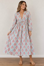 Just Donny Aqua Pink Blockprint Cotton Midi Dress Size Small Boho Resort