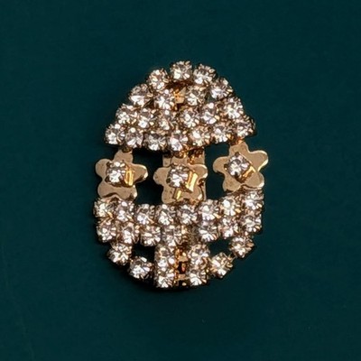 Vintage Gold Tone Prong Set Rhinestone Easter Egg Brooch Lapel Pin Floral Accent