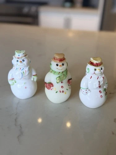 Vintage Fenton Snowmen Lot of 3 Hand Painted Glass Figurines Signed, Stamped