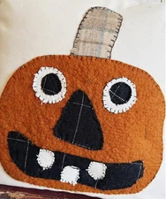 Primitive Handmade Jack O Lantern Pumpkin Pillow Folk Art Appliqué Wool Zipper
