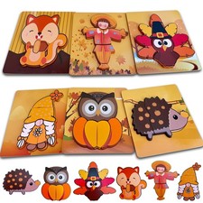 Thanksgiving Wooden Puzzles Gift for Toddler, 6 Pack Puzzles Thanksgiving Aut...