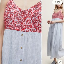 Anthropologie Chic Red Lace Bodice and Blue Pin Striped Skirt Summer Dress SZ12