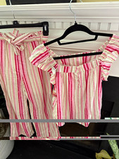 btween Girls 2pc Pink/White Striped Cotton Bow Top  Pants Set Youth 12 NWT