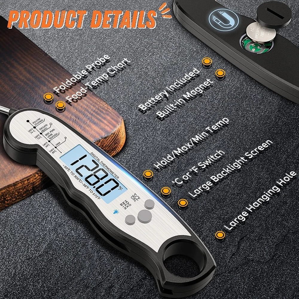 Digital Meat Thermometer, Waterproof Instant Read Food Thermometer for