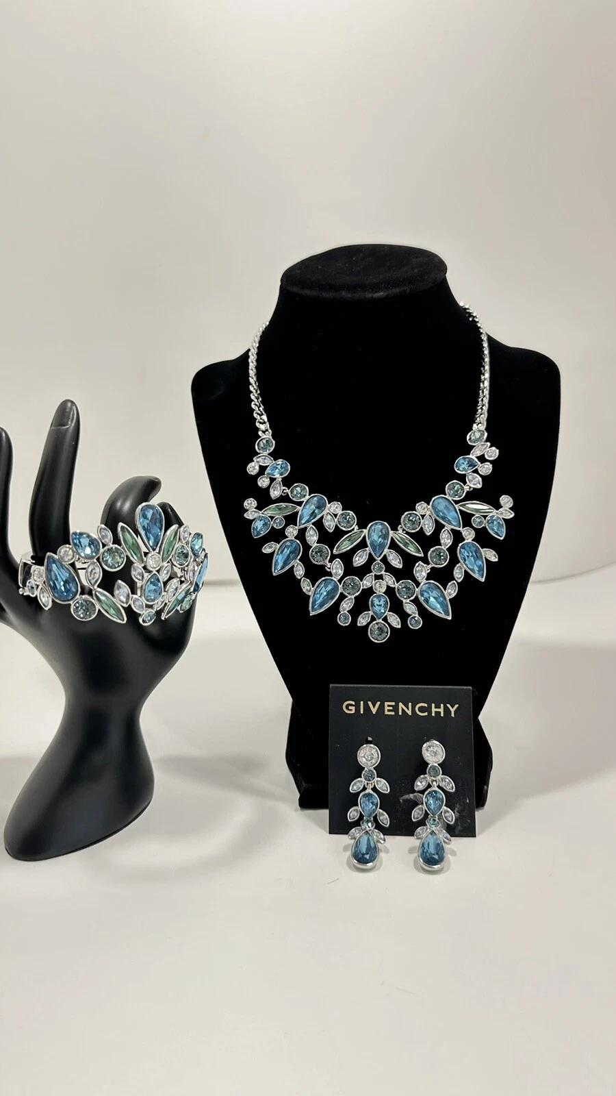 Givenchy Cristallo Blu Tono Argento Givenchy Girocollo Dichiarazione Collana Bracciale Orecchini