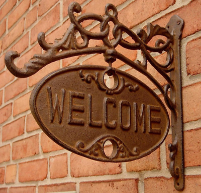 Upper Deck Welcome or Go Away Sign Ornate Cast Iron Front Door Plaque