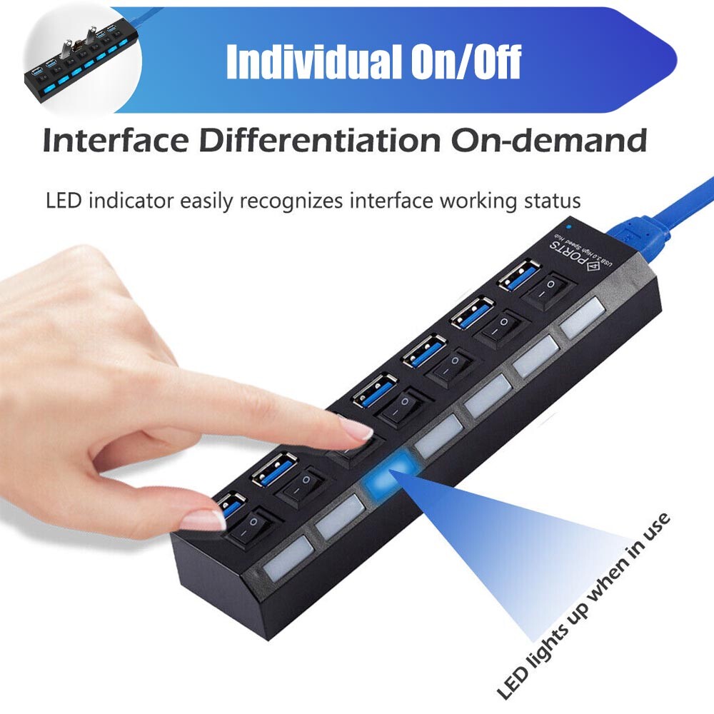 7-Port USB 3.0 Hub with Power Adapter & On/Off Switch for PC Laptop Mac