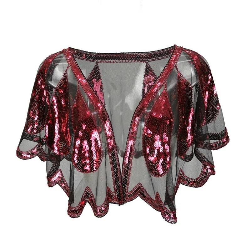 Cárdigan bolero de encaje transparente con capa de lentejuelas vintage para mujer chal noche graduación Foto 4 de 4