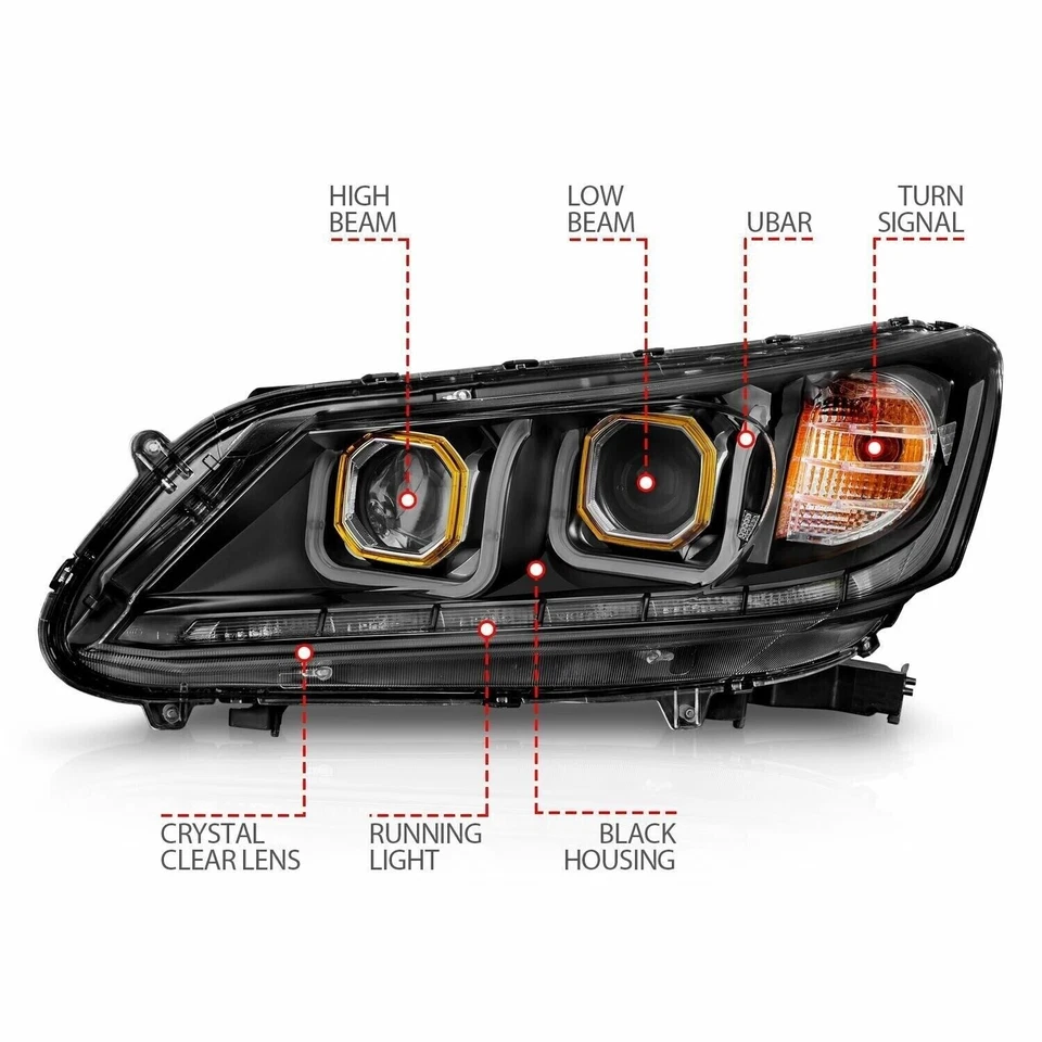 ANZO 121492 LED Projector Headlights Lamp w/ U-Bar for 13-15 Honda Accord Sedan - Image 4 of 4