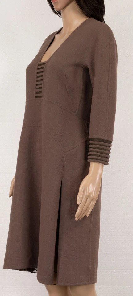 $6500 VESTIDO PLISADO CHADO RALPH RUCCI 100% LANA MARRÓN INCREÍBLE DETALLE TALLA 10 Foto 2 de 4