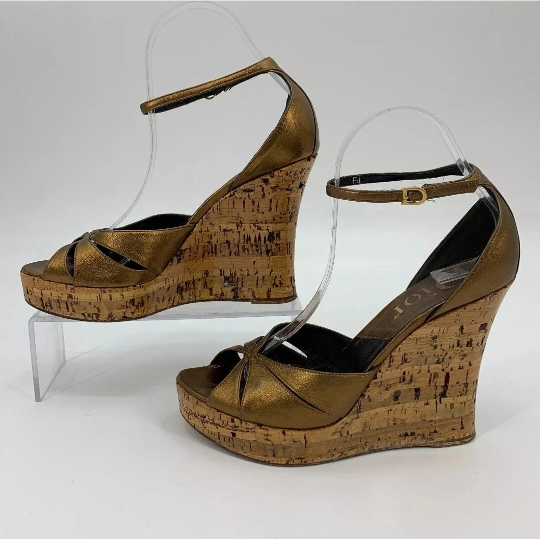 Dior bronze cuir cheville enveloppé coin liège femme UE 38 US 8 plate forme métallique 