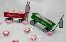 Metal Merry Christmas Wagons Lot of 2 Red Green Ornaments Favors Table Decor