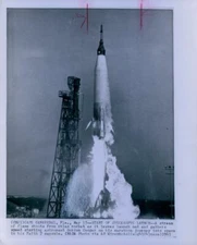 1963 NASA Atlas Rocket leaves Launch Pad Cape Canaveral Press Photo