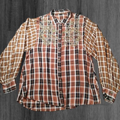 Free People Rot Kariertes Western Pailletten Hemd Damen Größe Mittel 