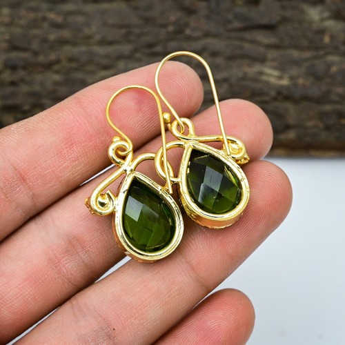 18k Gold Plated Peridot Gemstone 925 Silver Electroforming Earring Jewelry Gift - Picture 3 of 4