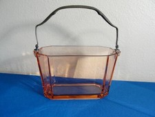 Antique Heisey Flamingo Pink Glass Ice Bucket Basket Silver Plate Handle #500