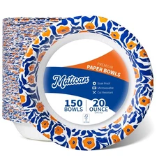 Paper Bowls 20 oz, 150-Count Disposable Bowls, Heavy Duty Soak-Proof and Micr...