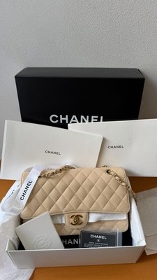 Chanel Classic Timeless Double Flap Biege Caviar Leather In goldhardware
