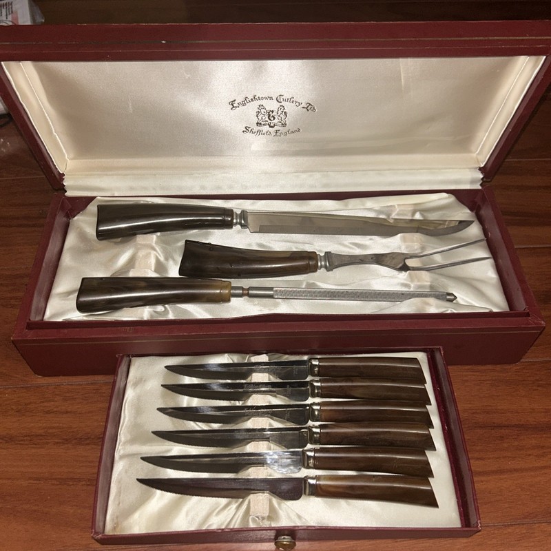 Vintage Englishtown Cutlery Sheffield England 9 Bakelite Steak Knife Set In Box