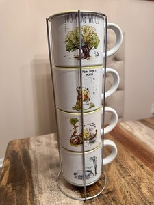 Disney Winnie The Pooh 4 Demitasse Cups Mugs  Stacked Espresso Holder Ceramic