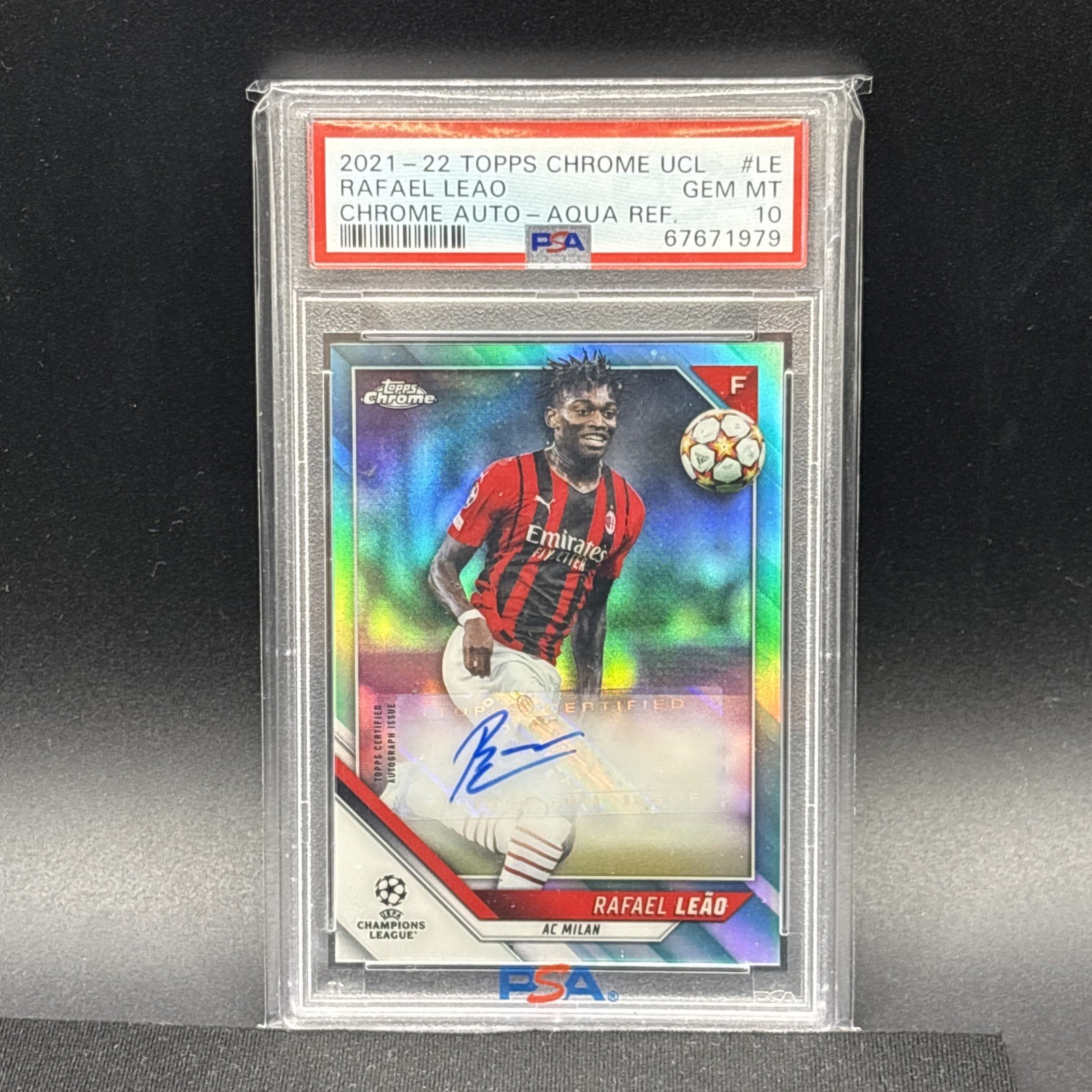 2021-22 TOPPS CHROME UCL RAFAEL LEAO ROOKIE AQUA REFRACTOR AUTO #LE #/199 PSA 10