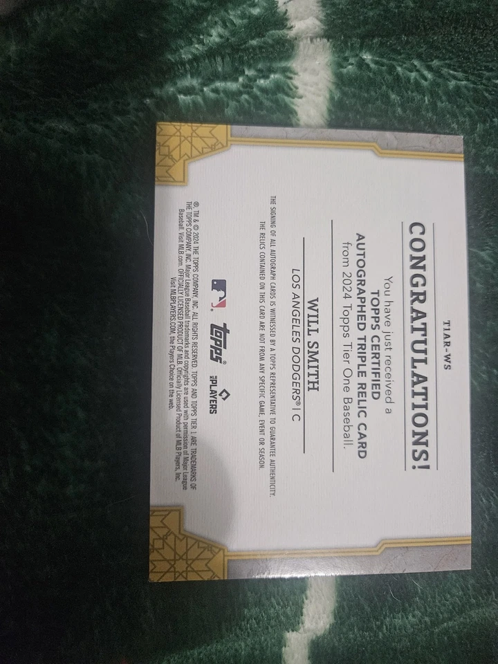 2024 Topps Tier One Baseball Will Smith Triple Relic Auto SSP /25 - Image 2 of 4