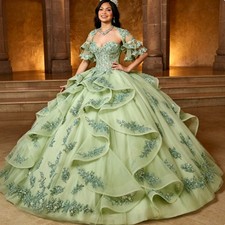 Green Beads Quinceanera Dresses Lace Applique Crystals Ball Gown Tiered Sweet 16