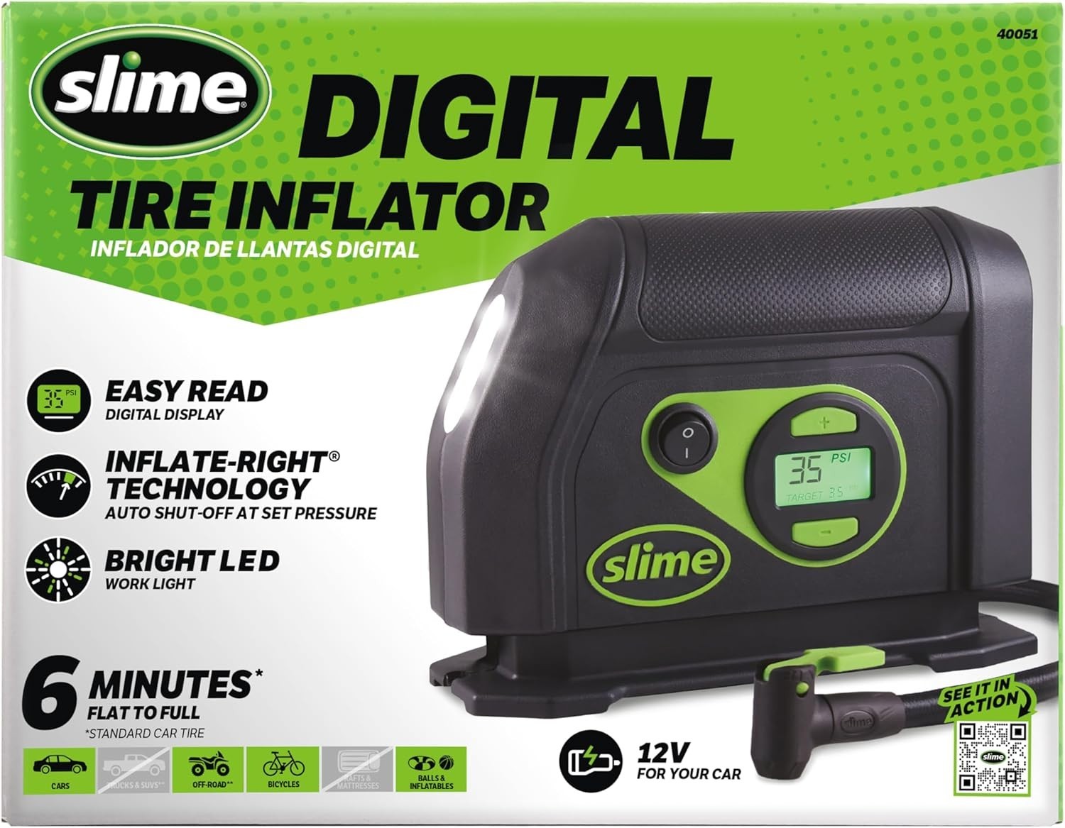 Portable 12V Tire Inflator with LED Light & Digital Display - Quick Inflation