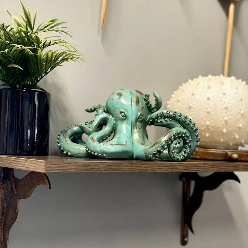 Aqua Green Octopus Bookends Set of 2 Nautical Polyresin Coastal Shelf Decor - Image 4 of 4