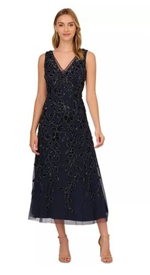 Adrianna PapellWomen's Embellished V-Neck , A-line Dress Size 8 Color Navy NWT 
