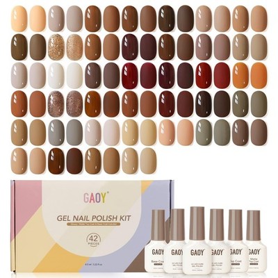 42 Pcs Gel Nail Polish Set - Fall Brown Red Glitter, Glossy & Matte Top Coat, DI