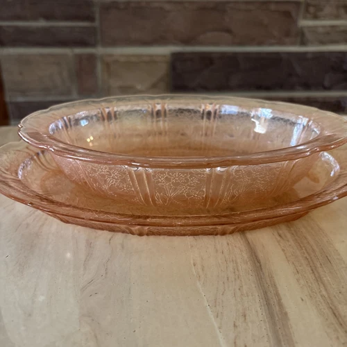 Vintage Jeanette Pink Cherry Blossom Oval Serving Bowl 9" and platter