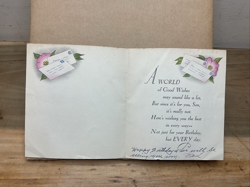 1940s Happy Birthday Son World Globe Letters & Flowers Greeting Card B19 - Picture 2 of 4