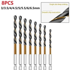 8PCS HSS High Speed Steel  Coated Drill Bit Set 1/4 Hex Shank 3-6.5mm