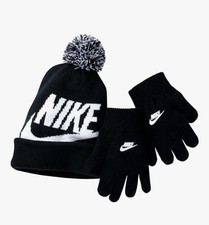 Nike Boys Big Kids Swoosh Bennie Hat Gloves Set, Black/White, 8-20 Big Kids