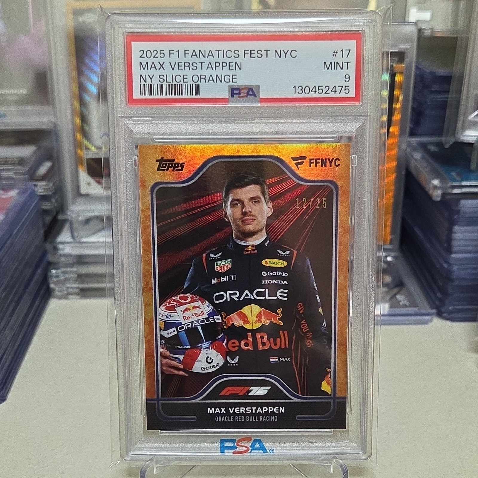 Topps 2025 F1 Fanatics Fest NYC Max Verstappen #17 NY Slice Orange 12/25 PSA 9