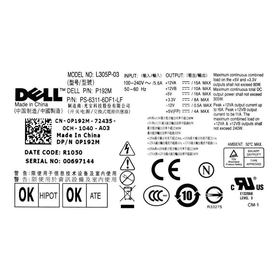 🔋 Dell L305P-03 305W Power Supply – 0P192M PS-6311-6DF-LF – Tested & Working - Photo 3/3