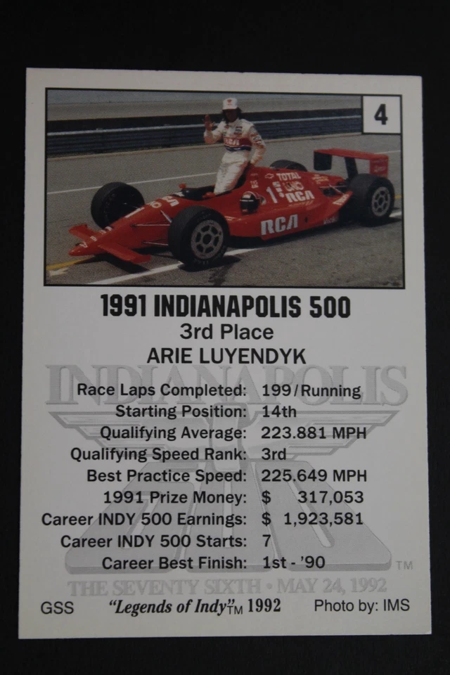 Arie Luyendyk Race Car Driver 500 Autographed Signed 1992 Legends of Indy #4 - Image 2 of 3