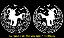 Witch w/ Decorated Crescent Moon Bats Two 5" White Vinyl Decals Car Truck Window