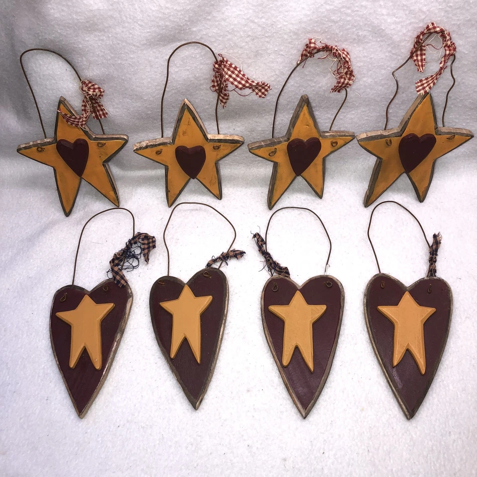 4 enfeites de madeira para decoração de campo estrelas primitivas corações rústico amarelo vermelho arte popular - Imagem 2 de 4